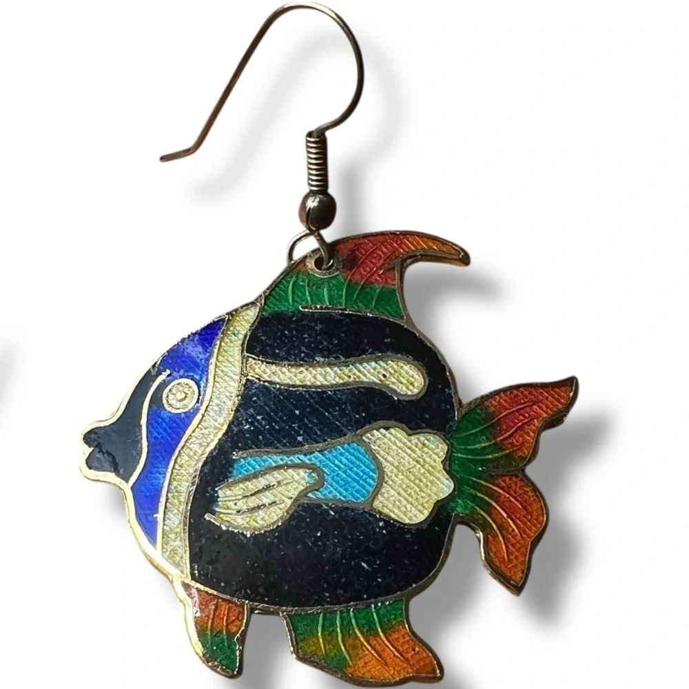 Vintage Cloisonné Colorful Tropical Fish Hook Earrings